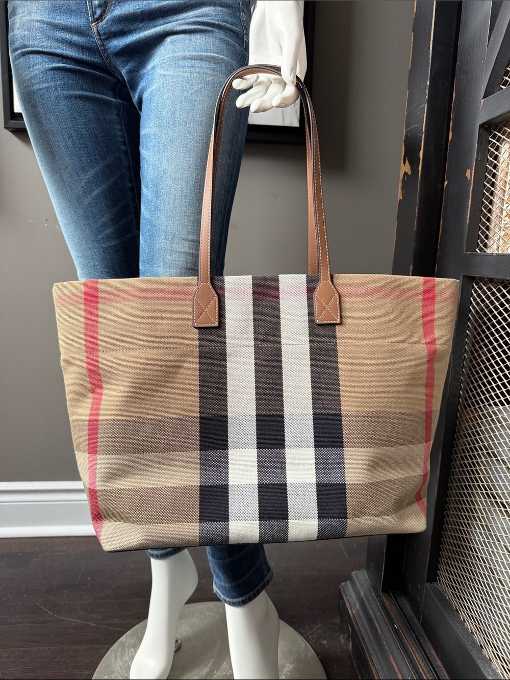 Authentic Burberry Beige Plaid Canvas Tote with Brown Leather Handles